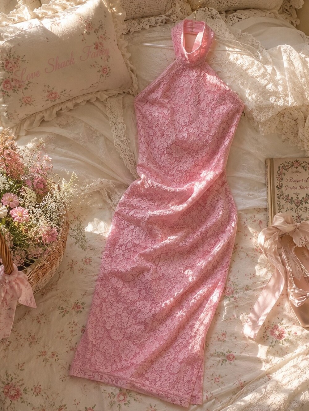 Layered With Love Sleeveless Double Lined Pink Lace Applique Midi Dress Medium